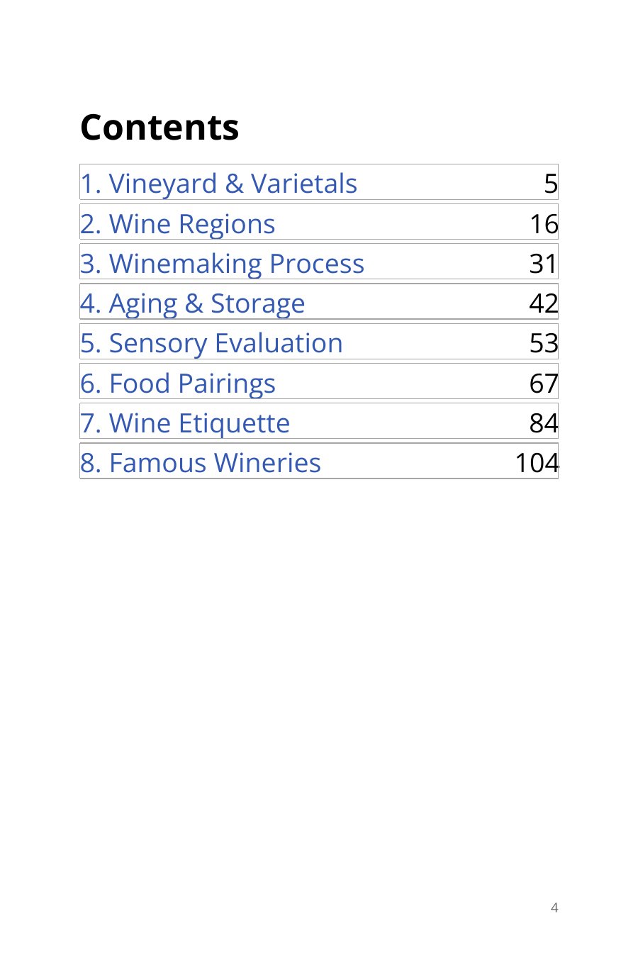 Contents page listing eight wine trivia categories with page numbers