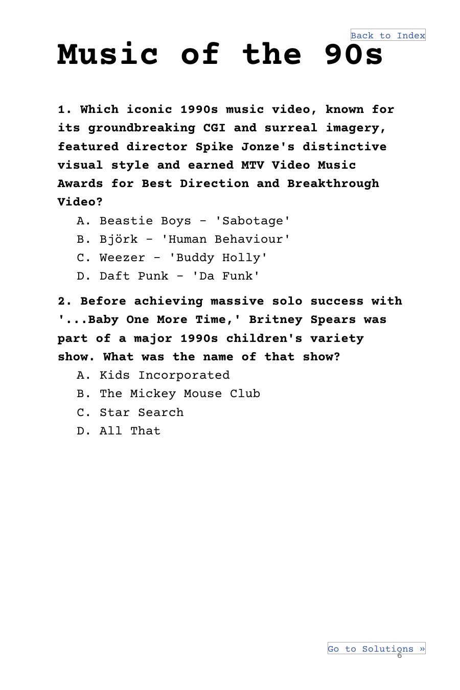 Question page from Pop Culture 1990s with multiple-choice answers